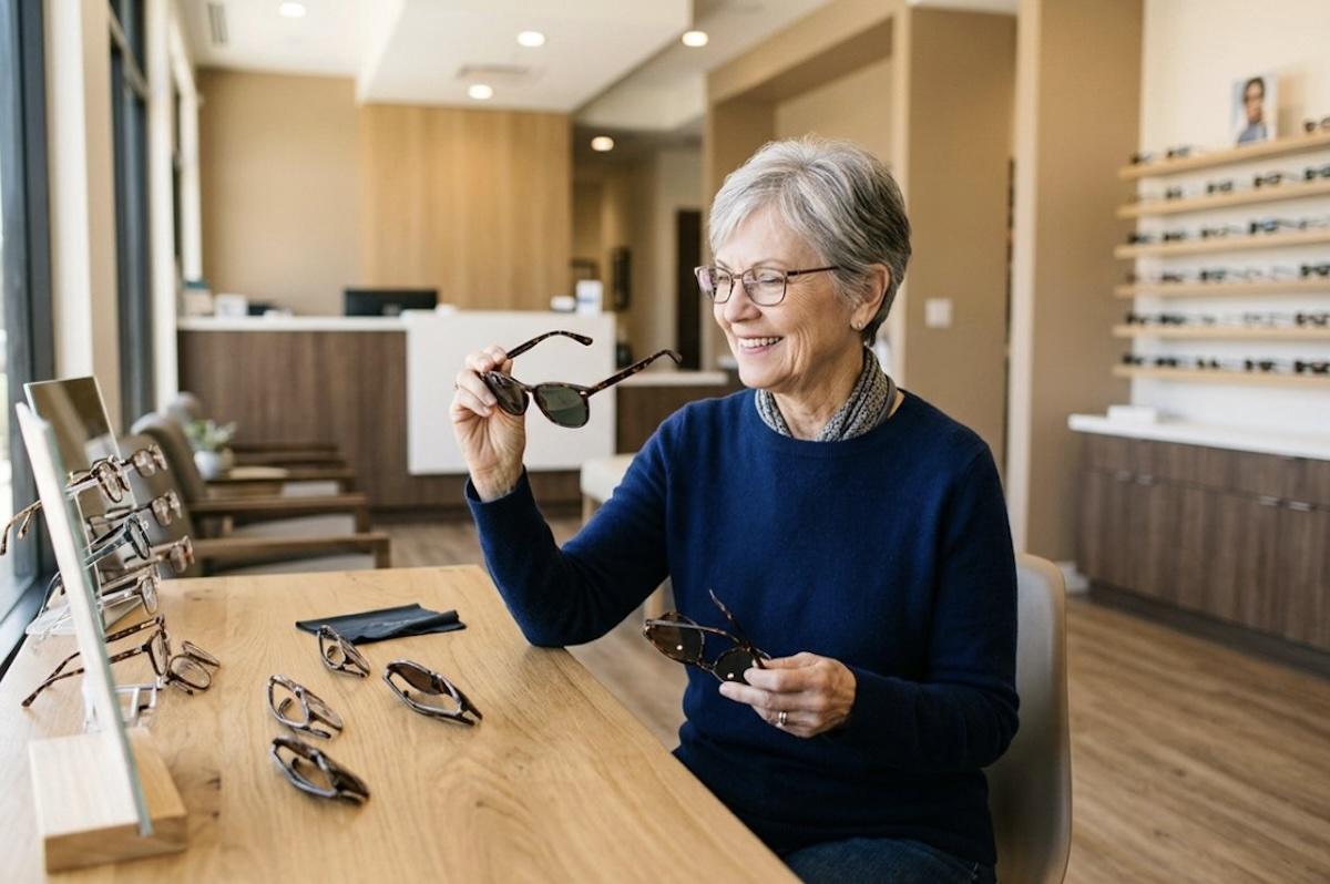 A person picking prescription sunglasses from their optometrist's office.