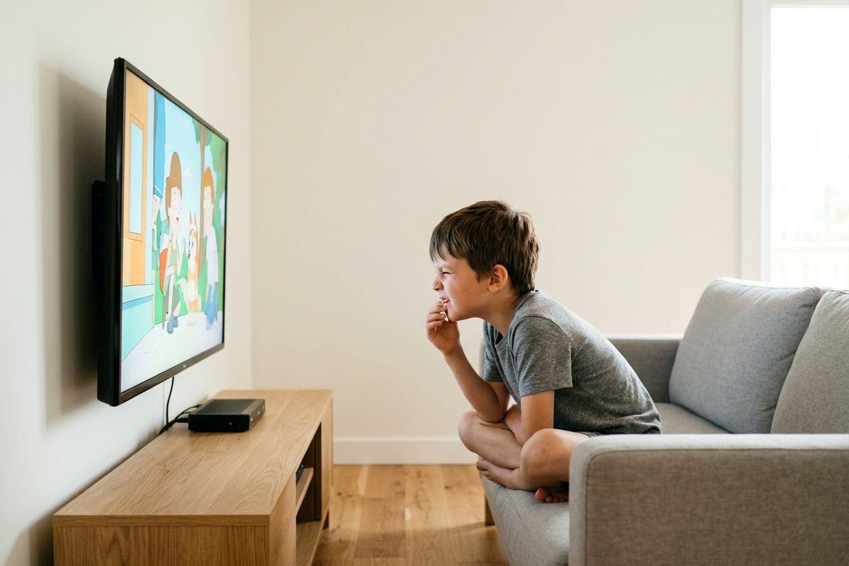 Child sitting cross-legged on a sofa's armrest, watching a cartoon on a wall-mounted TV in a living room, hand raised to mouth.