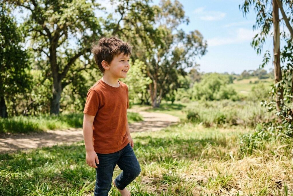 Child in an orange t-shirt and jeans walking barefoot along a sunny dirt path through green trees, smiling and looking to the side.