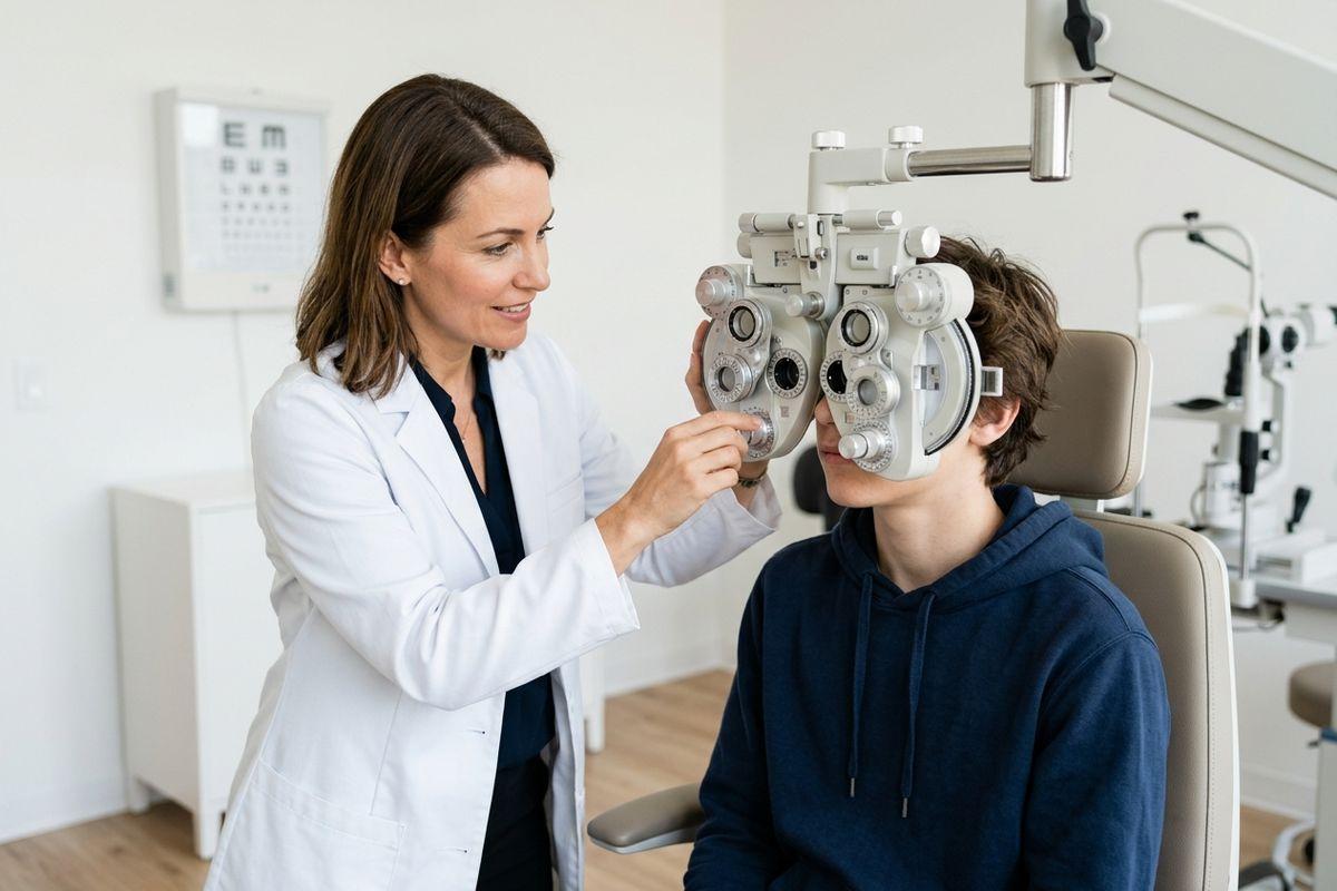 Optometrist adjusting a phoropter over a seated child's eyes during an eye exam, smiling, with an eye chart visible in the background.