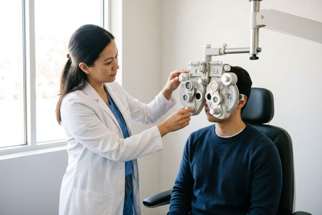 Optometrist adjusting a phoropter over a seated patient's eyes during an eye exam in a clinic.