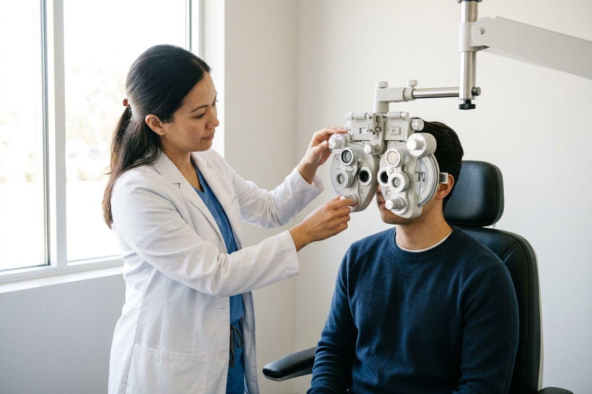 Optometrist adjusting a phoropter over a seated patient's eyes during an eye exam in a clinic.