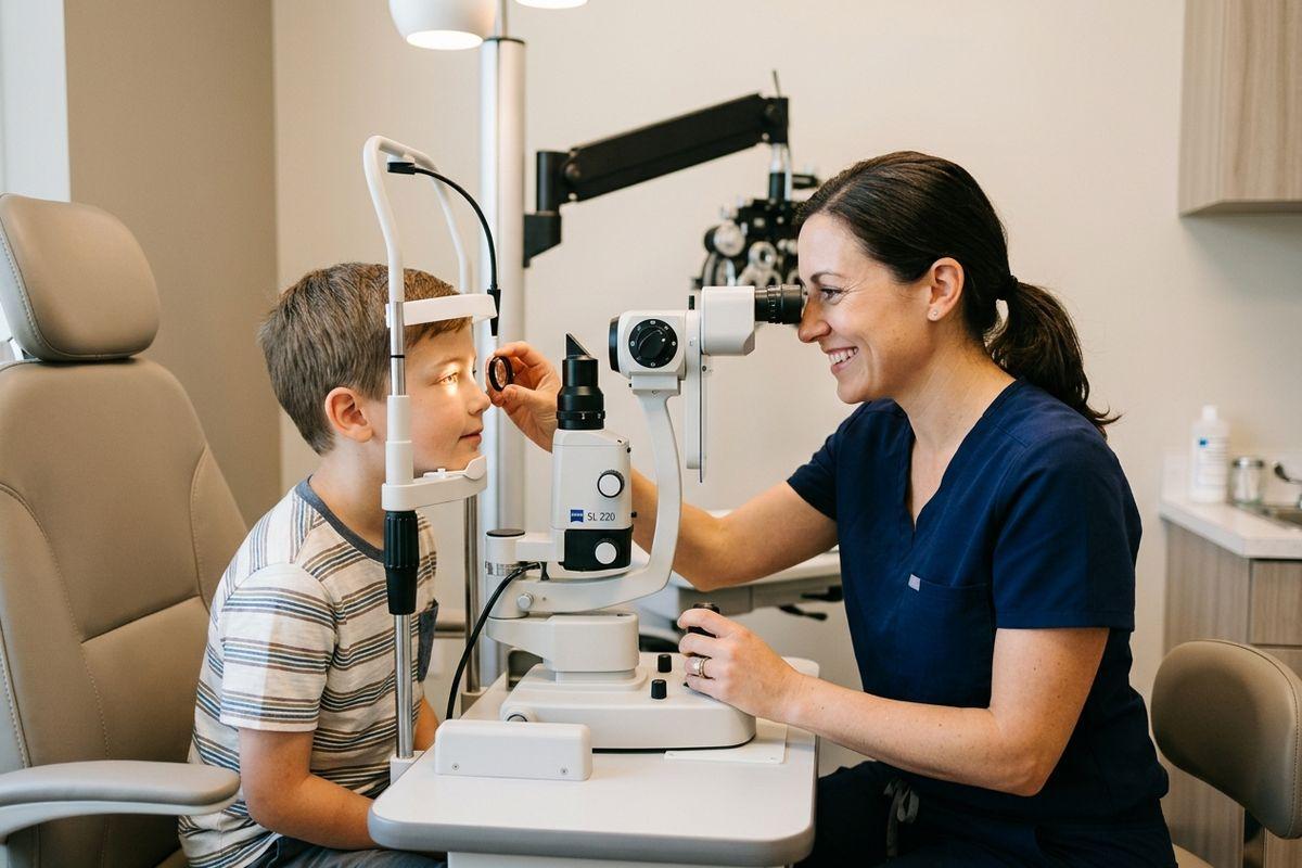 Smiling optometrist examining a child's eye using a slit lamp in an eye exam room.