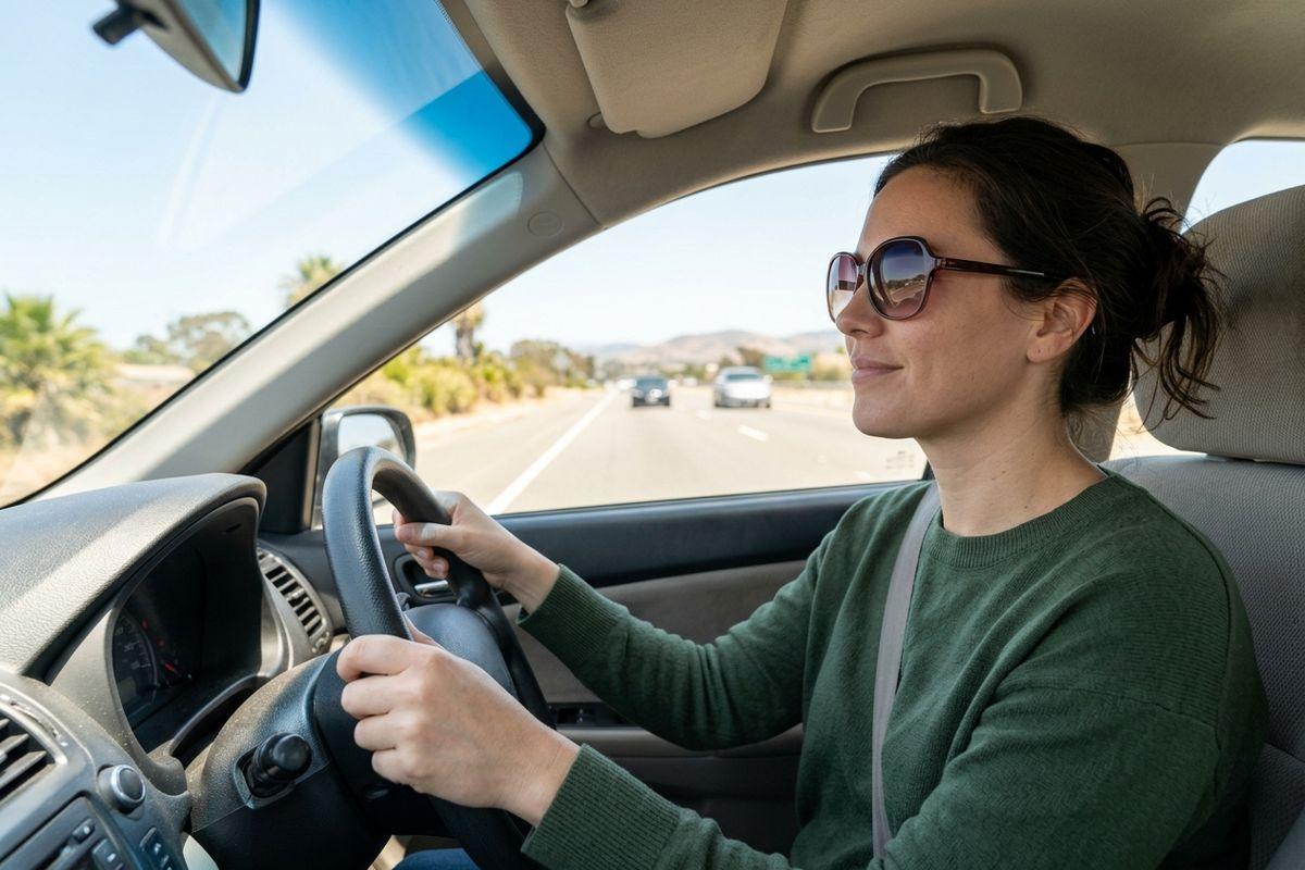 Adult wearing sunglasses and a green sweater driving on a sunny highway, smiling, with both hands on the steering wheel.