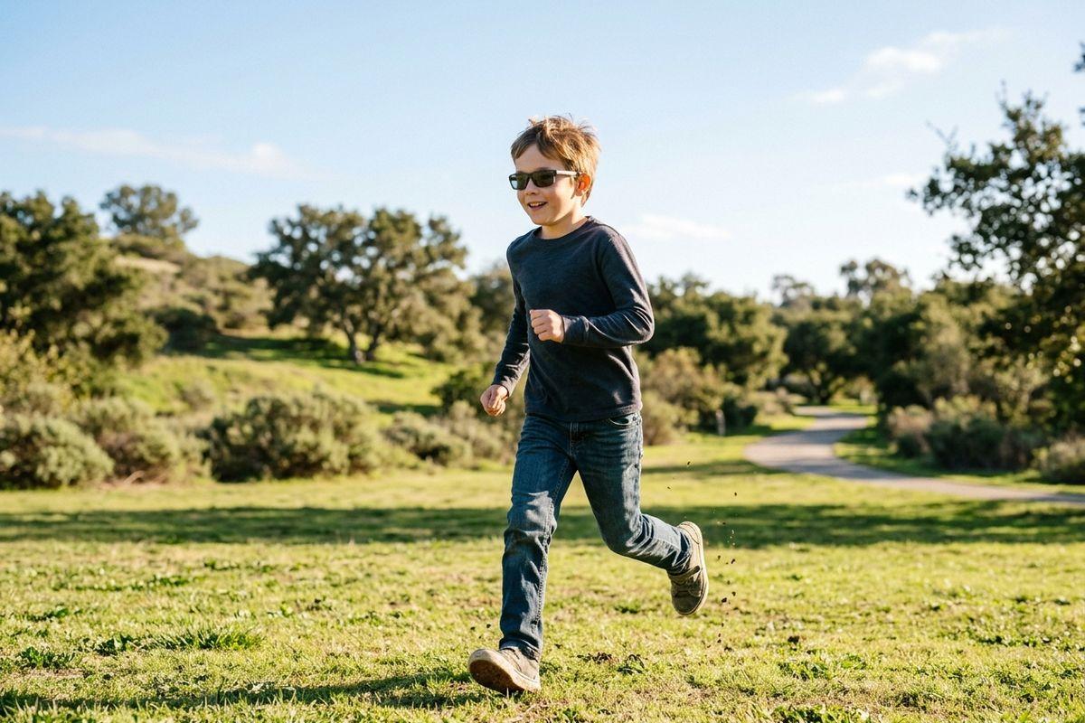 Child wearing sunglasses running across a grassy park, smiling, with trees and a path in the background under a blue sky.